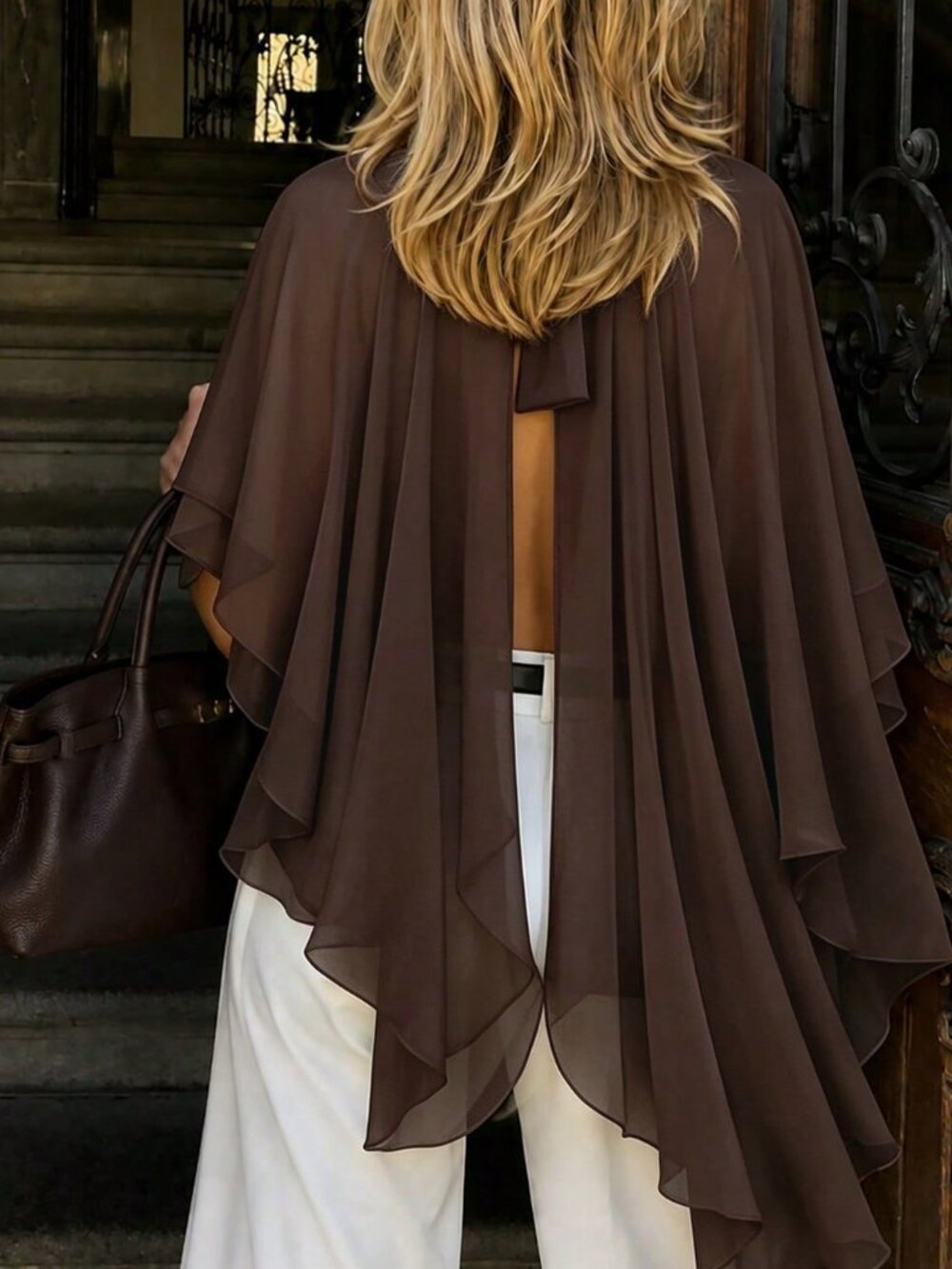 Brown Casual Women's Regular Batwing Plain Asymmetrical Crop Halter Blouse - Picture 7 of 7